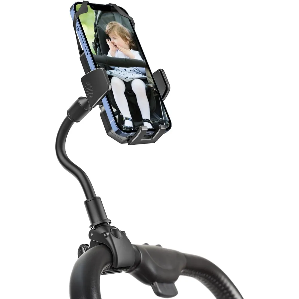 Flexible Gooseneck Phone Mount for Strollers Carts Wheelchairs One Hand Use 4 to 7 Inch Smartphones