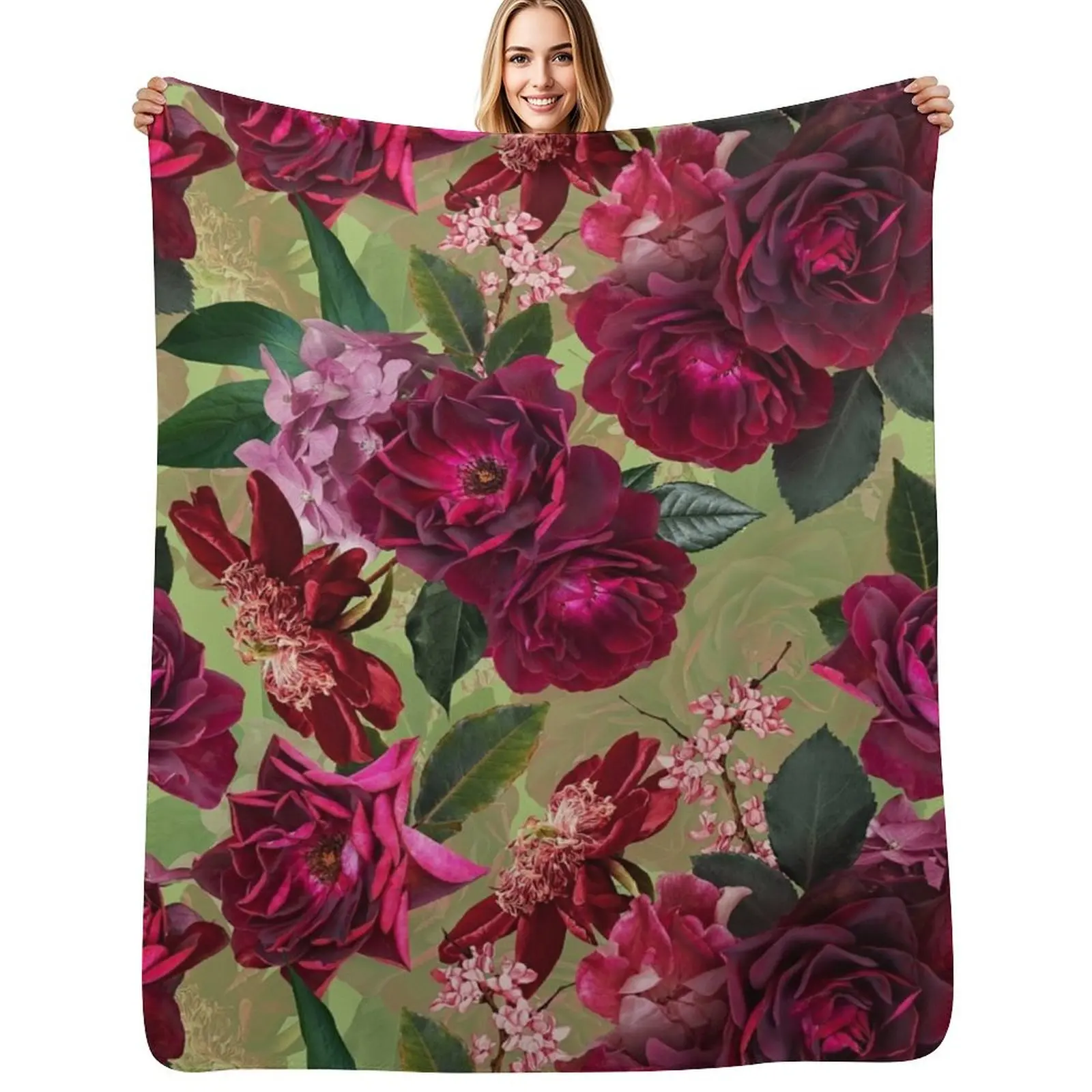 Antique Green Botanical Flower Rose Garden Throw Blanket Stylish Decor Blanket Gift for Friends Roommate