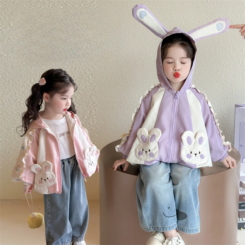 

Girls' Spring and Autumn Style2025New Children's Cartoon Cute Bunny Ears Outerwear Top Girls Windbreaker