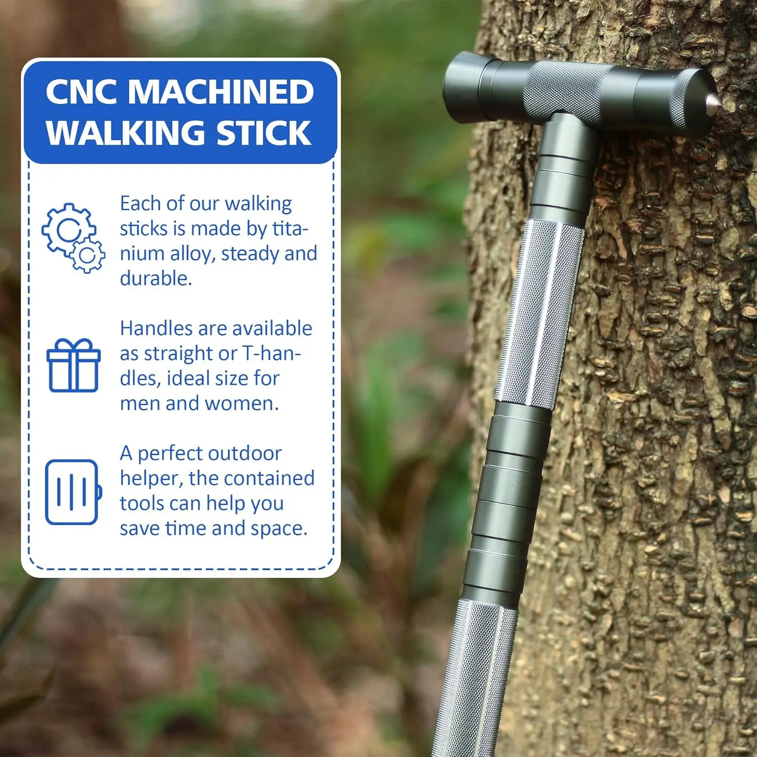 Tactical Walking Stick CNC Machined Aluminum Tactical Cane Adjustable Length Hiking Stick for Survival Camping Hiking Color Gray