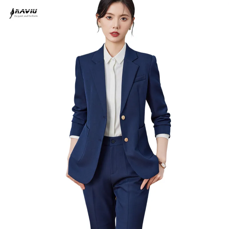 NAVIU Fashion Women Suits New Spring Temperament Business Formal Long Sleeve Blaze And Pants Office Ladies Work Wear Blue Beige