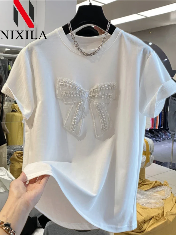 New in Summer Knit Elegant Women\'s T-shirt Pearl Bow O Neck Oversize Short Sleeved Tops Loose Korean Fashion Female Clothing