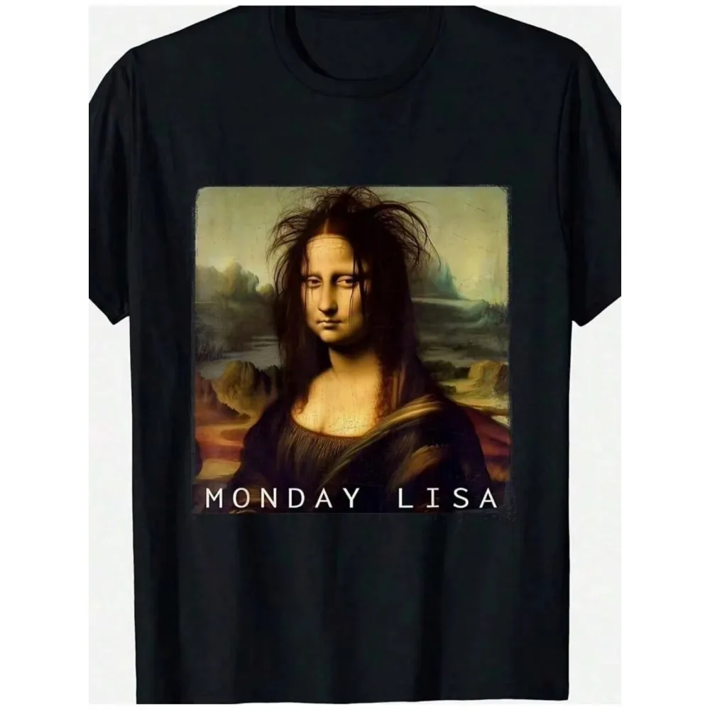 Funny Monday Mona Lisa Parody Graphic T-Shirt Humorous Art-Inspired Design Soft Stretch Fabric Casual Unisex Short Sleeve Tee