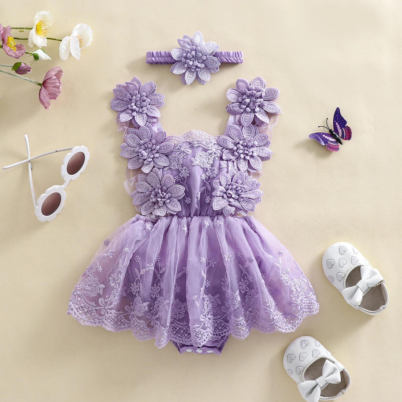 Newborn Infant Baby Girl Summer Bodysuit Flower Embroidery Tie-Up Mesh Romper Dress Bow Headband 2 Piece Set