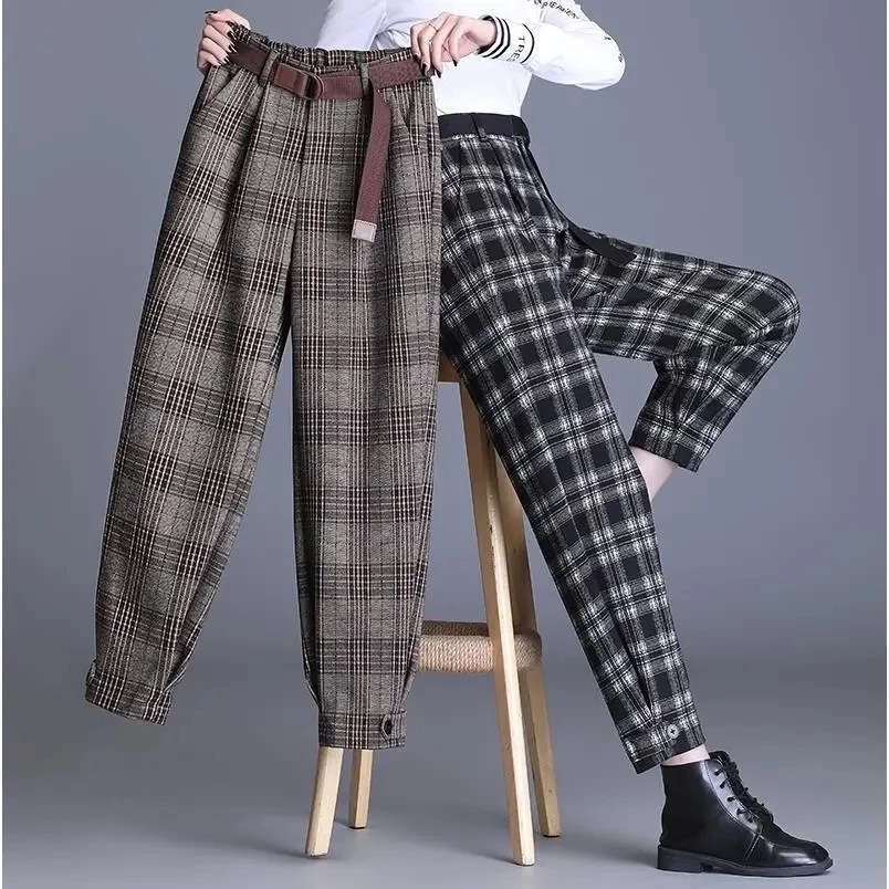 

Woolen Plaid Harem Pants Women Fall Winter Thick Loose Wool Trousers Korean High Waist Radish Pantalons Female Ankle-Length Pant