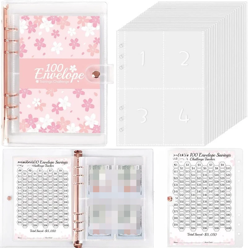 

100 Envelopes Challenge Binder with Laminated $5050 Tracker Sheet & Pre-numbered Pockets (Pink)