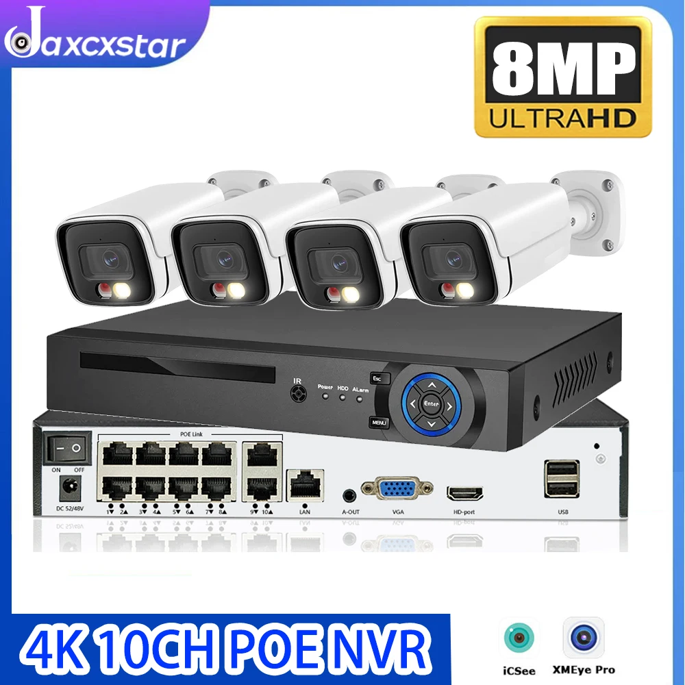 

10CH 4K 8MP POE Security Camera System Audio Record 8MP NVR Kit CCTV Outdoor IP Camera H.265 P2P Video Surveillance Set ICsee