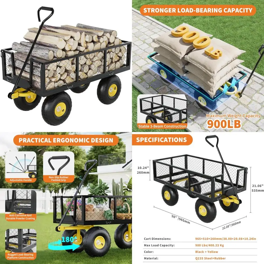 

Сверхмощная стальная садовая тележка с 10-дюймовыми вездеходными шинами, грузоподъемность 900 фунтов, съемные сетчатые боковые панели, 180 шт. ° Вращение для выхода
