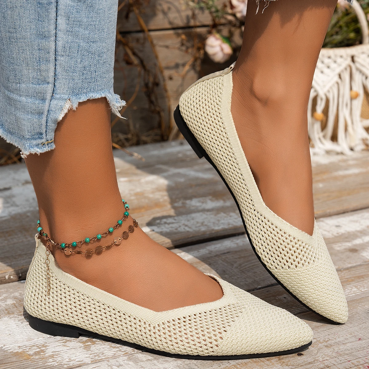 Neue Frauen Spitz Wohnungen Schuhe Casual Atmungsaktive Ballett Turnschuhe Frauen Leichte Einfarbig Gestrickte Slip auf Damen Loafer – Detail 3