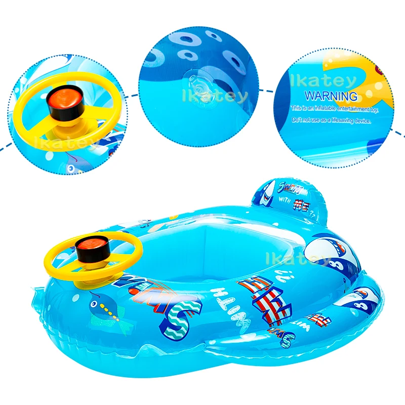 1Pcs Boat-shaped Baby Swimming Pool Float for Toddles Cartoon Steering Wheel Swim Ring Blue Inflatable Toys Summer Photo Prop