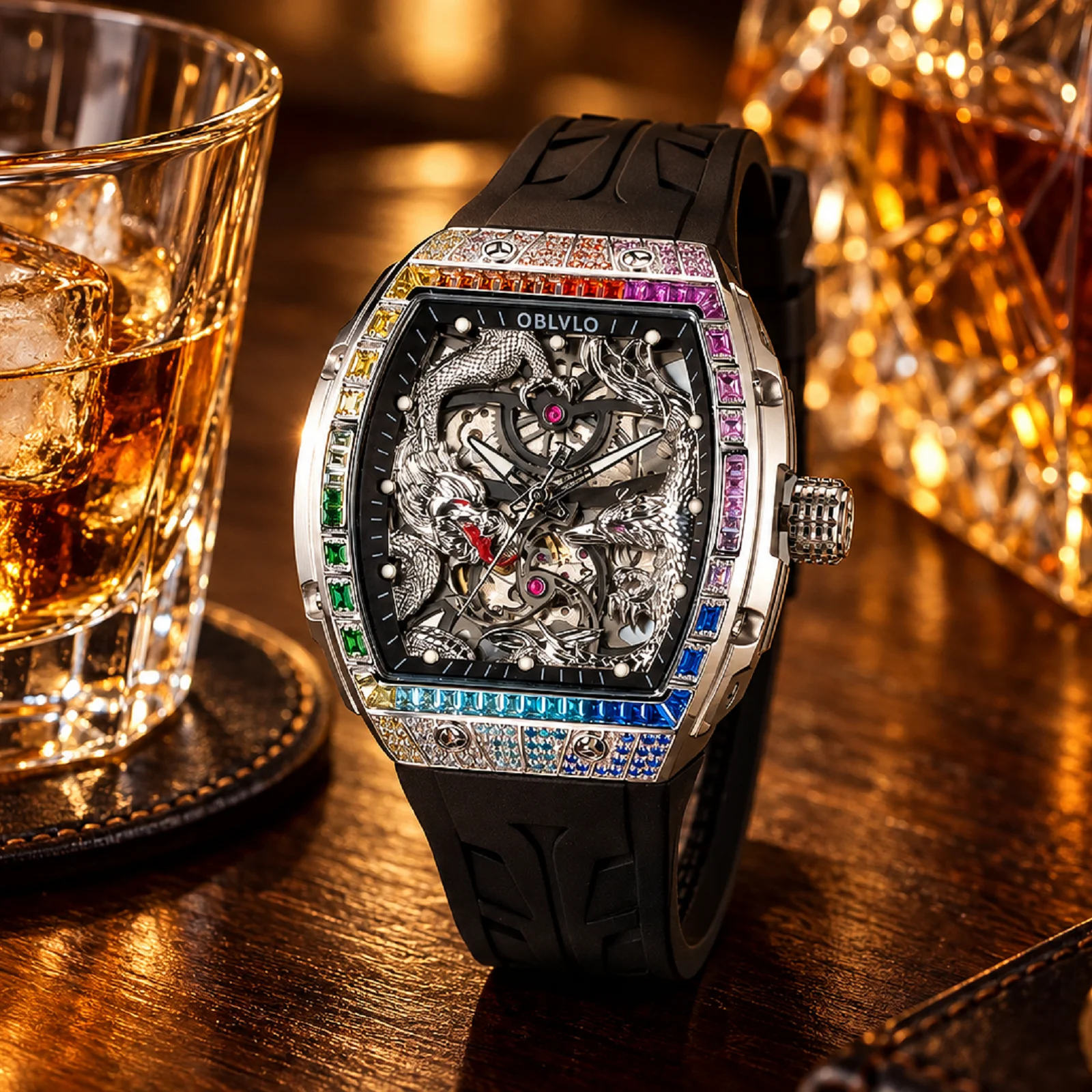 OBLVLO Luxury Men's Designer 3D Dragon Automatic Watch Fashion Tonneau Blue Luminous Rubber Band Sport Watches Relojes ZM-PH