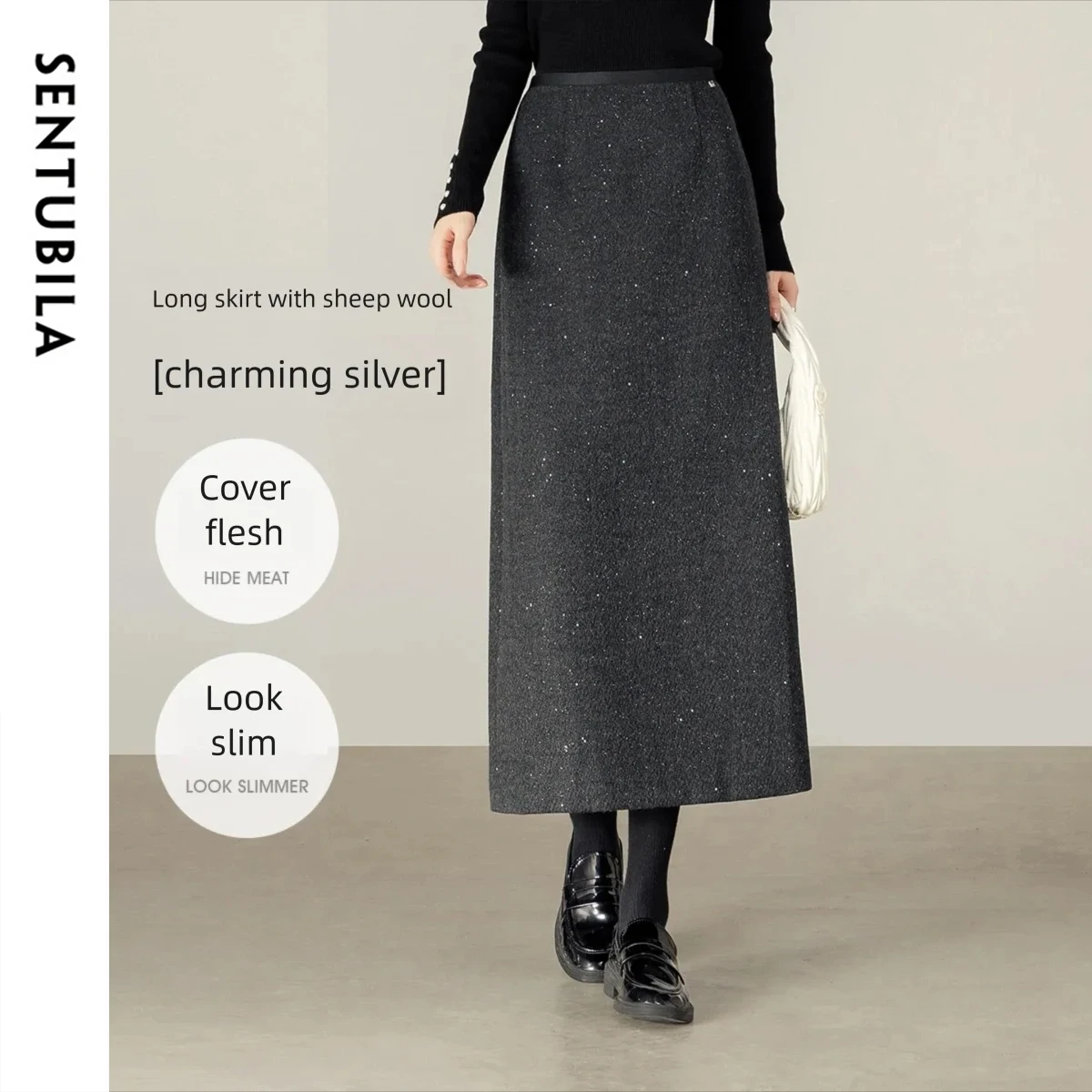 

SENTUBILA Women's Wool Blend Skirt 2025 Autumn Winter New Loose A-Line Soft Warm Flash Silver Casual Elegant Skirt 154QA2987
