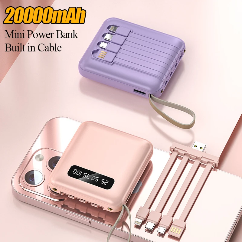 Mini Power Bank 20000mAh With 4 Cable Mobile Phone External Battery Charger for iPhone Samsung Huawei Xiaomi Portable Powerbank