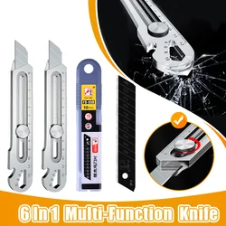 6 In 1 Multi-Function Stainless Steel Utility Knife Tail Break Design/Ruler/Bottle Opener Retractable Box Cutter Art Supplies