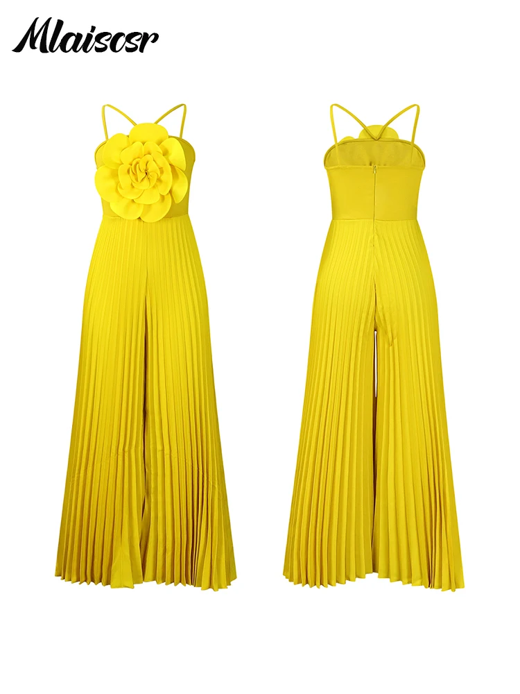 Mlaiscsr Elegant Evening Party Rompers Women White 3D Flower Sleeveless Pleated Strapless Wide Leg Jumpsuits Birthday Vacation