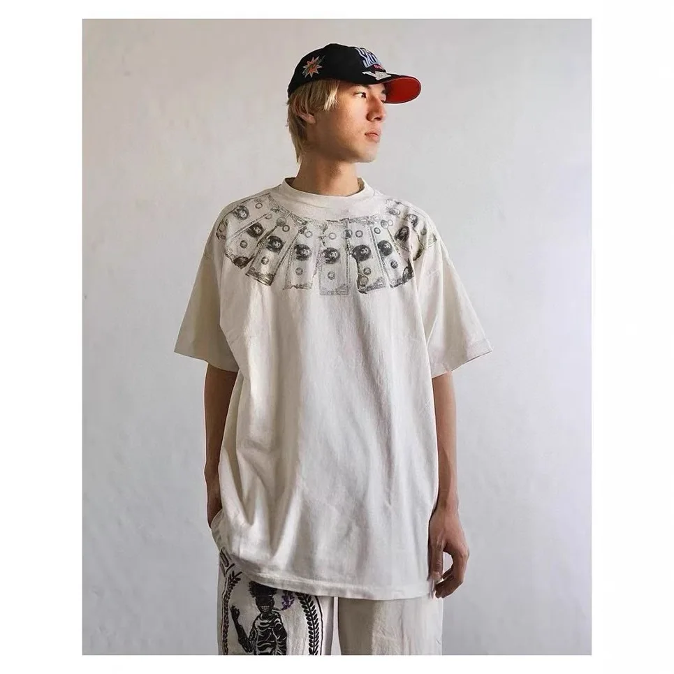 Firmranch 25ss Retro American High Street Print Trend Loose Short-sleeved T-shirt For Men Women Vintage Make Old Tees Summer