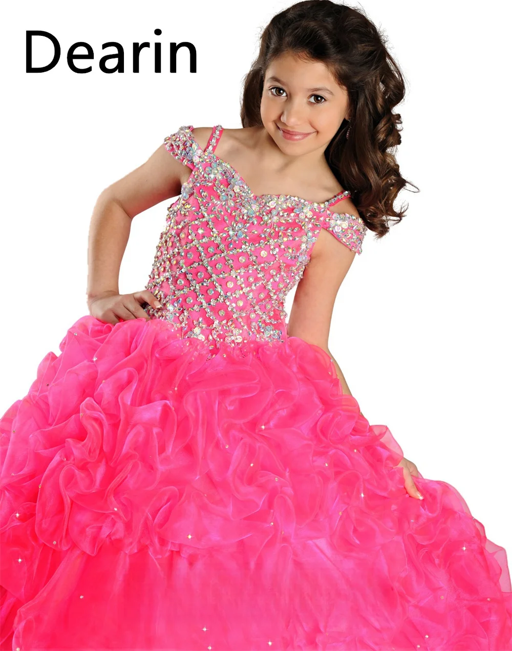 Customized Flower Girl Dress Dearin Shoulder Girdle A-line Floor Length Skirts Tulle Sequin Es