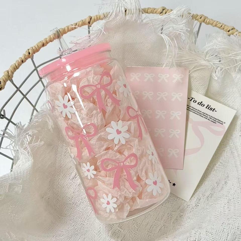  Cute Bow Glass Water Cup with Straw, Cartoon Stripe Design, Ideal for Fruit Tea & Lemonade, Perfect Gift for Girls 