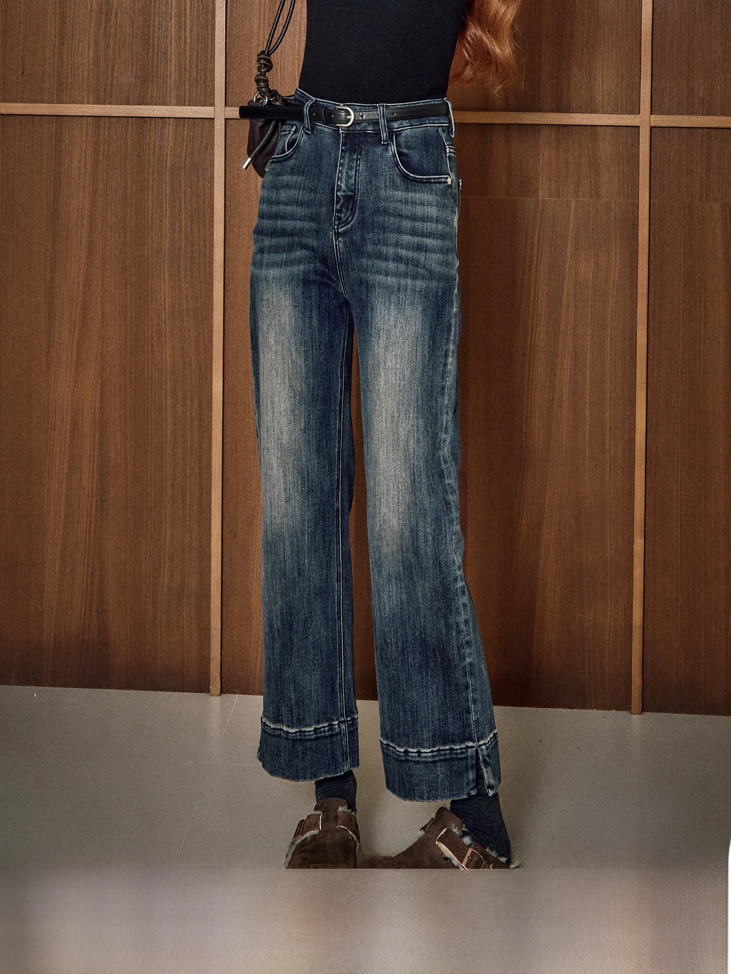 Retro Faded Midnight Blue Jeans Women's Winter New Casual Straight Leg Pants Slimming Comfortable Cotton Polyester Blend
