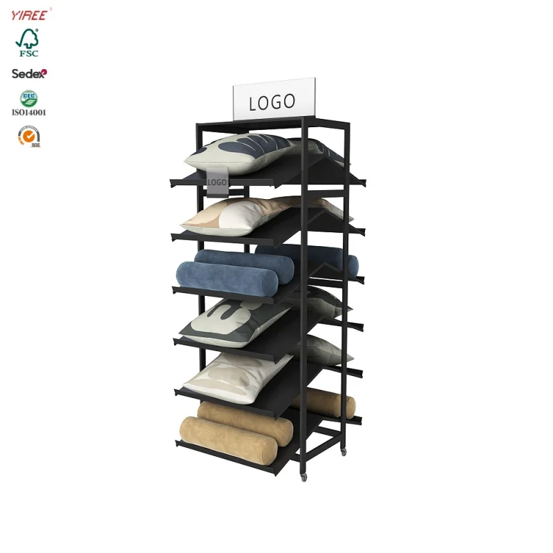 custom.Oem factory household store fixtures iron frame double-sided shelf stands pillow display rack for home