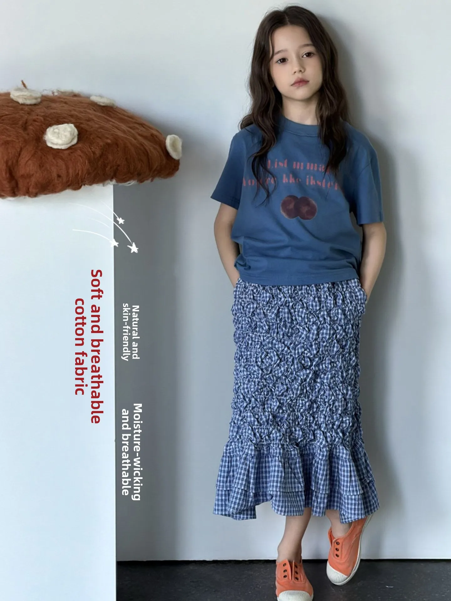 

Girls Summer Outfit Short Sleeve T-Shirt And Skirt Set Two Pieces Casual Style mid to Large Children Breathable Comfortable