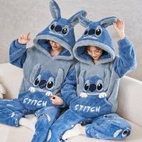 2Pcs Disney Cartoon Stitch Couple Coral Fleece Pajamas Suit Cute Plush Hooded Pullover Top Pants Women Men Sleepwear Y2K Clothes