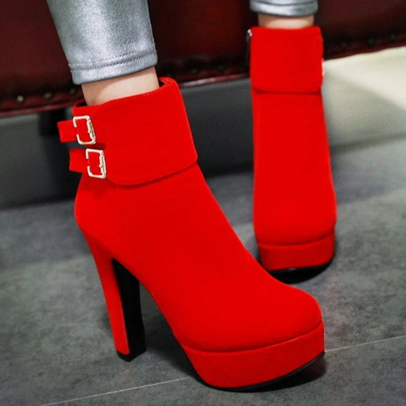 

Red Flock Women's Ankle Boots Autumn Winter Spring Black High Heels Short Boot For Women Party Shoes Footwear Large Size Fashion