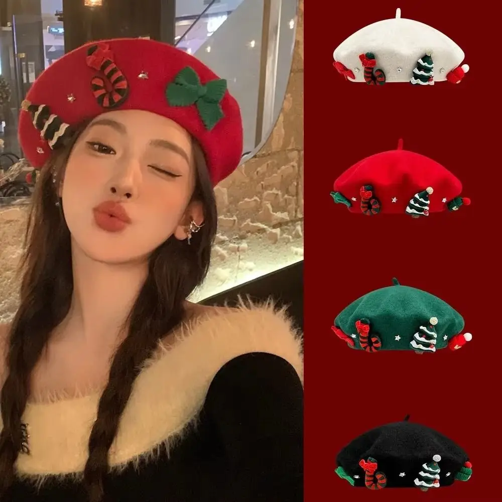 

Winter New Year Christmas Beret Cap Sweet Red Green Christmas Beret Hat Dress Up Wool Felt Xmas Painter Hat Women