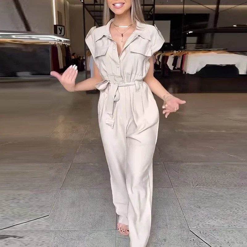 

Lady Sleeveless Lace Up Pocket Playsuits Overalls Chic Lapel Button Daily Rompers Women Casual High Waist Solid Color Jumpsuits
