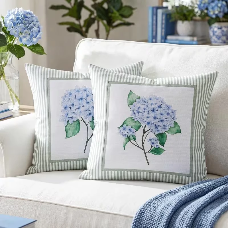 2pc Set of 2 Hydrangea Print Throw Pillow Covers, Farmhouse Striped Border Cushion Cases for Sofa Bedroom Living Room