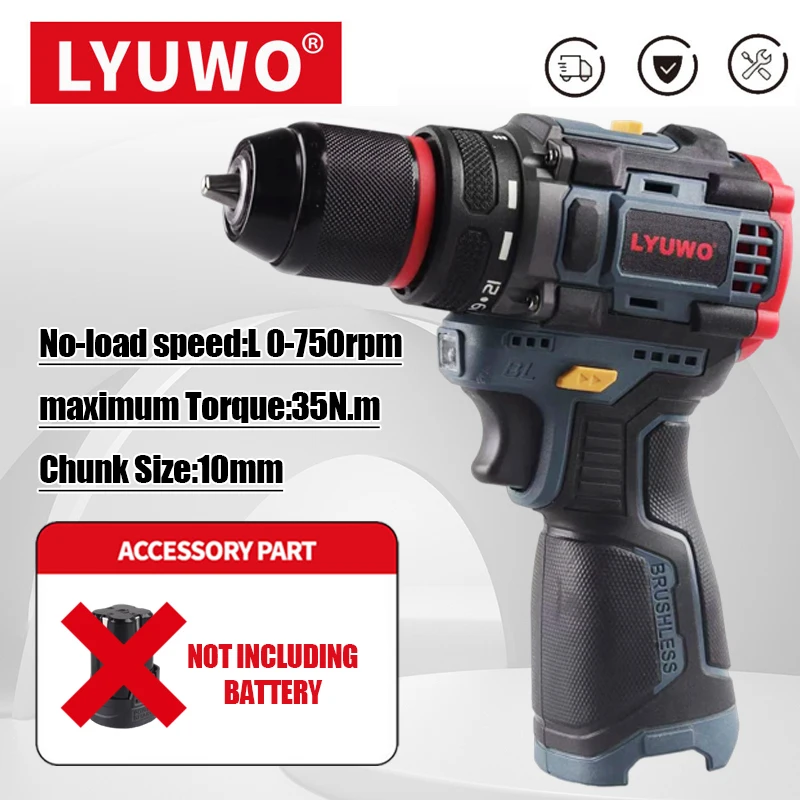 

LYUWO Brushless Electric drill, rechargeable, suitable for home decoration and repairs.Two adjustable gears
