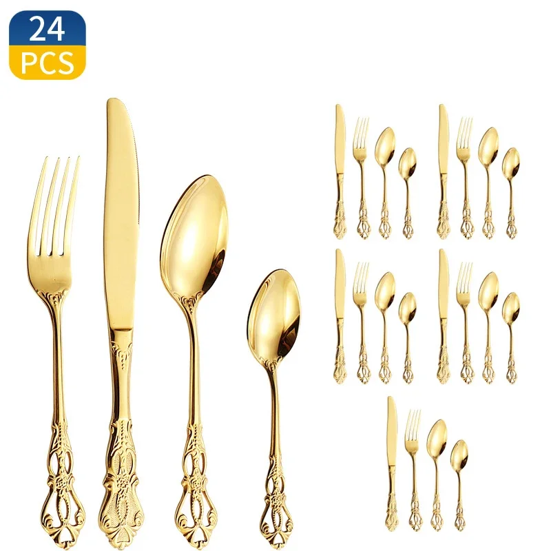 

24pcs Royal Stainless Steel Cutlery Set Gold Dinnerware Spoon Forks Knives Kitchen Western Dinner Silverware Tableware Gift