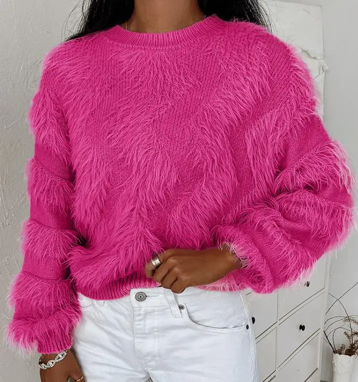 Winter Women's New Fashion Casual Fluffy Tassel Design Long Sleeve Round Neck Acrylic Sweater Pullover Jumper Solid Top 2023