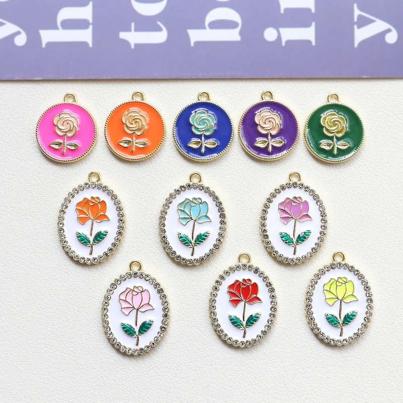 1pcs Retro Color Rose Alloy Drop Oil Round Card Pendant Diy Handmade Jewelry Earrings Necklace Keychain Accessories Charms