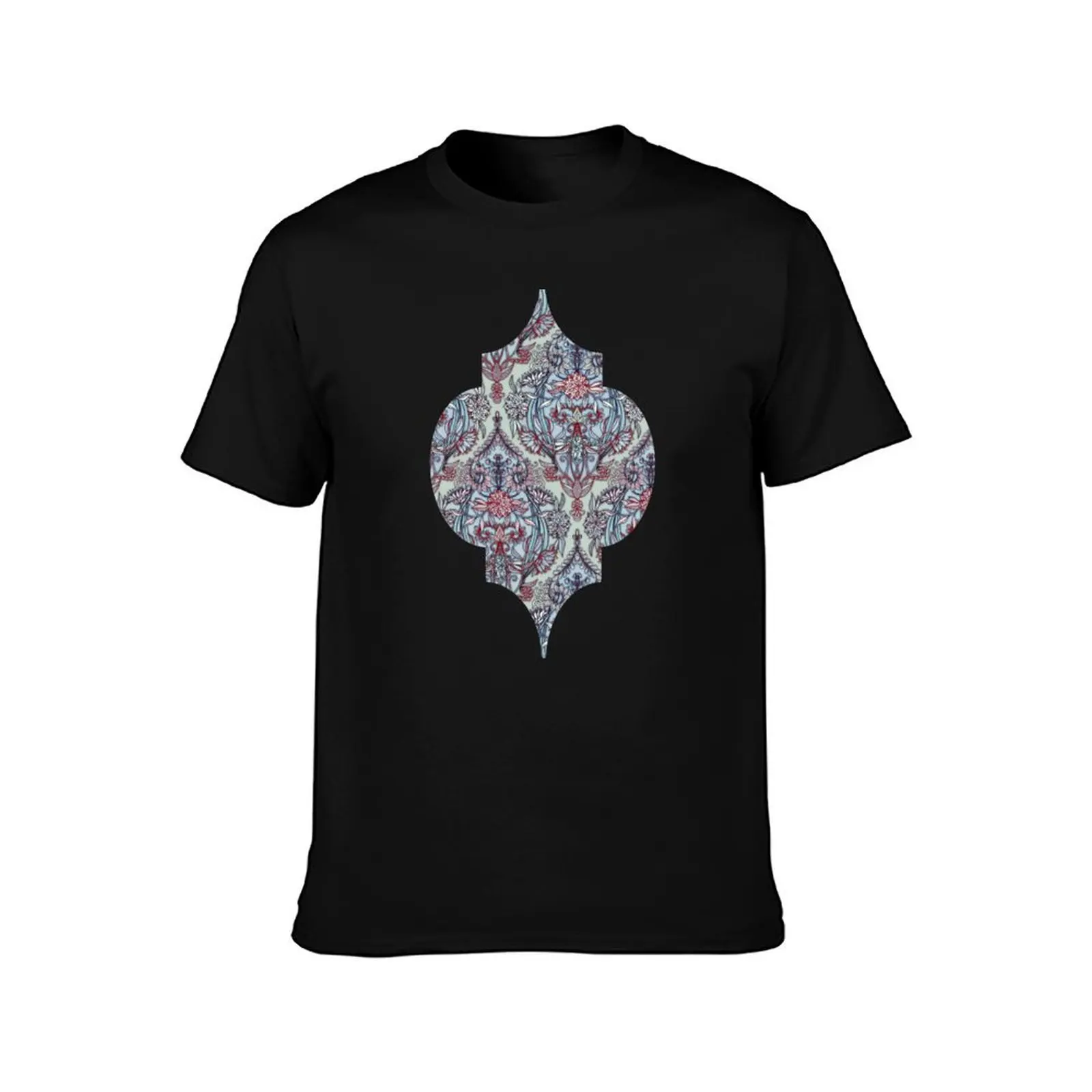 Botanical Moroccan Doodle Pattern in Navy Blue, Red & Grey T-Shirt t shirt man casual T-Shirt