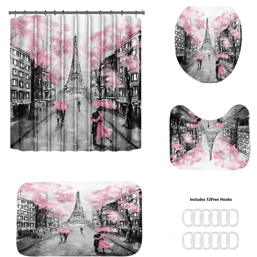 Paris Eiffel Tower Pink Blossom Butterflies Valentine Bathroom Curtains Shower Set Decor With Non-Slip Rugs