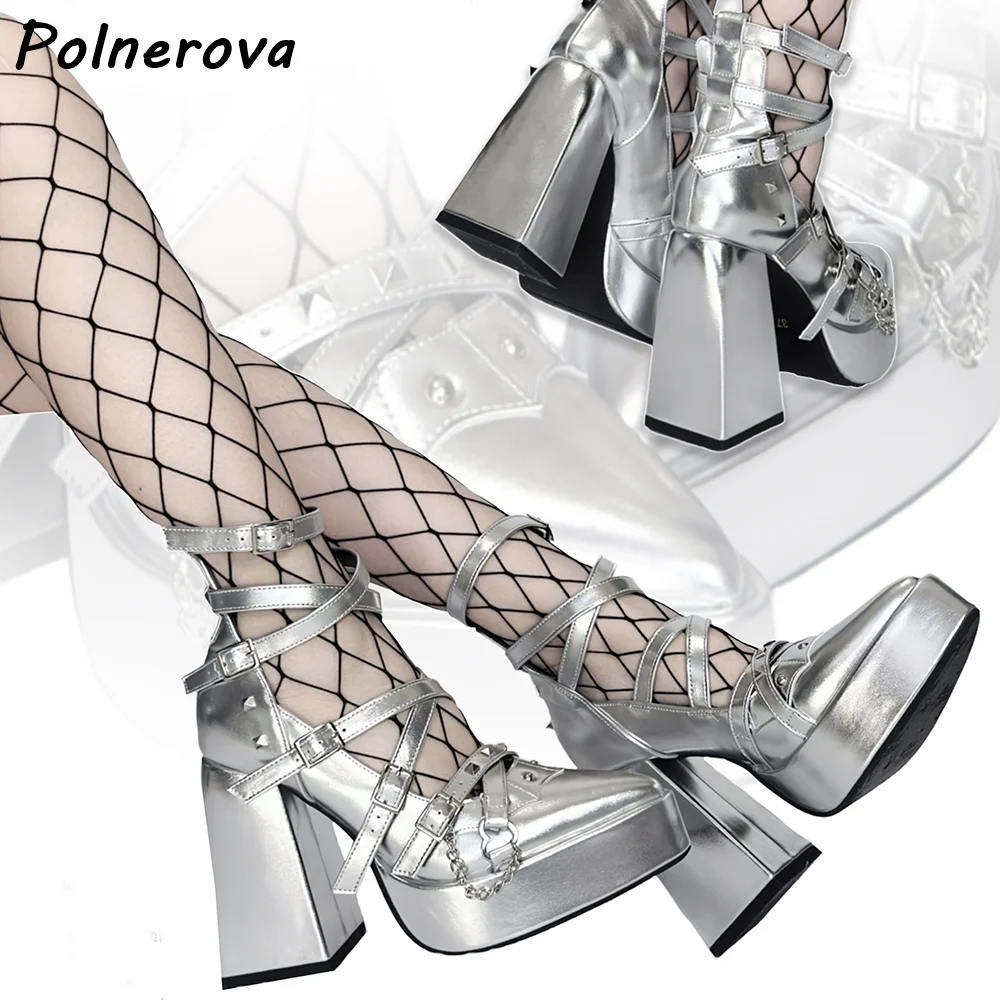 Gothic Strappy Platform Pumps Black/silver Patent Leather Pointed Toe Shoes Buckle Wraps Chain Charm Punk Rock Alternative Shoes