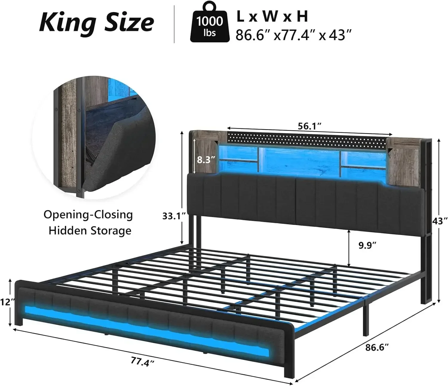 Struttura letto king size e testiera portaoggetti per libreria, struttura letto king size imbottita a LED con stazione di ricarica