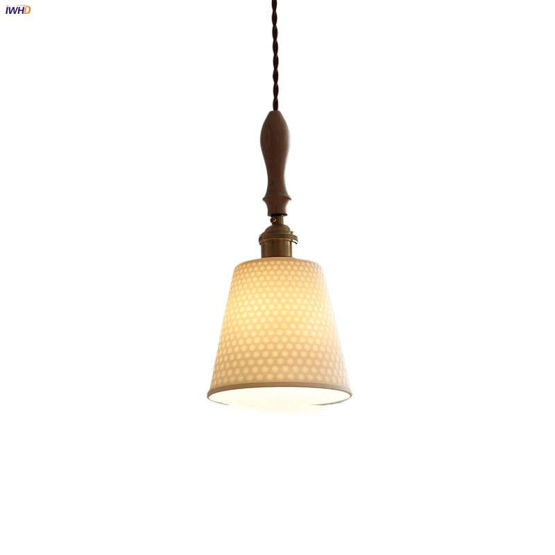 

IWHD Wood Ash LED Pendant Light Fixtures Bedroom Study Coffee White Ceramic Wire Adjustable Nordic Modern Hanging Lamp Lamparas