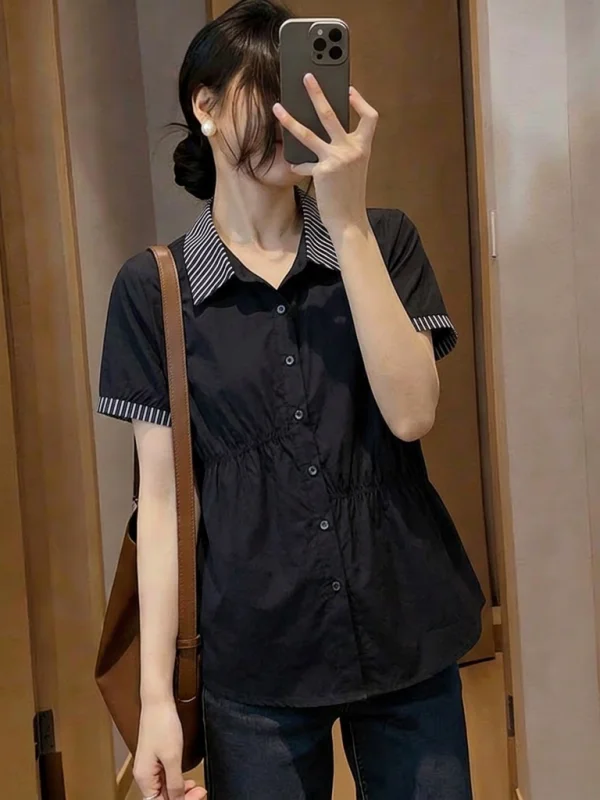 

Slimming Black Striped Patchwork Short Sleeve Shoulder Shirt for Women Summer New Style plus Size Cover Belly Commute Style K...