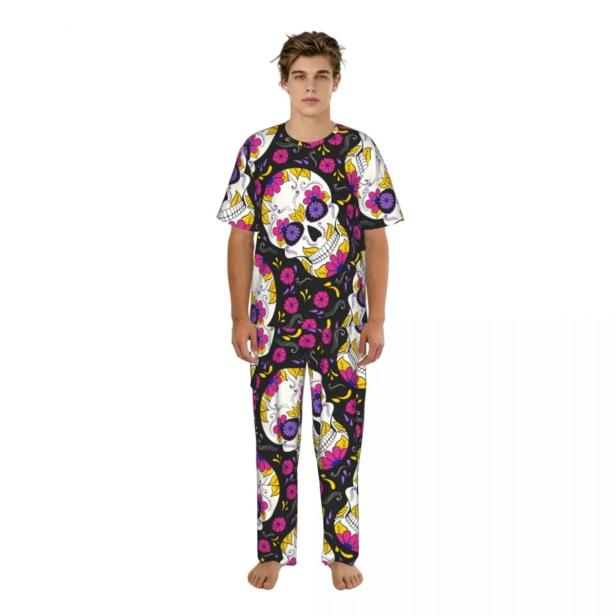 

Мужской пижамный комплект с изображением черепа на День мертвых и цветочным узором, с короткими рукавами, весенне-летняя одежда для отдыха, мужская ночная одежда