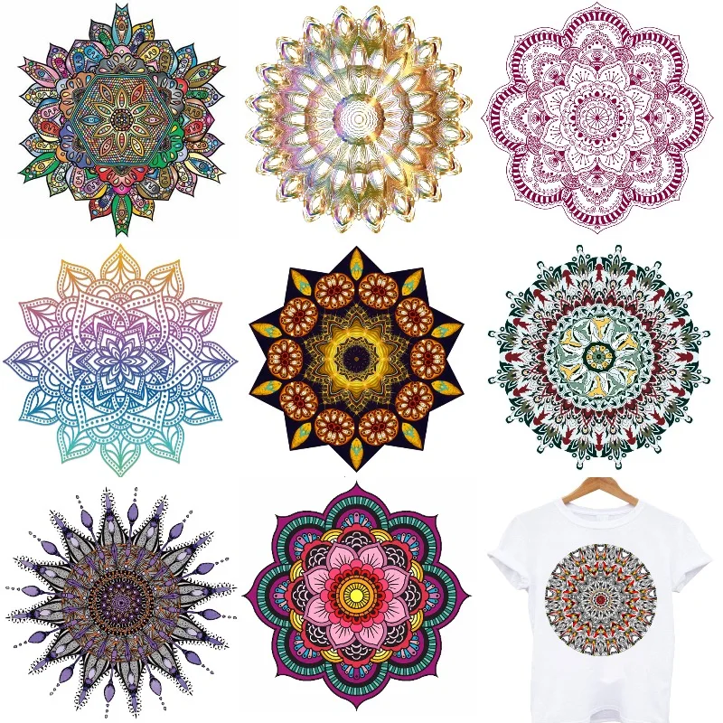 Vintage Colorful Mandala Flower Patches on Clothes Iron-on Transfers for Clothing Thermoadhesive Patches Thermal Stickers Patch