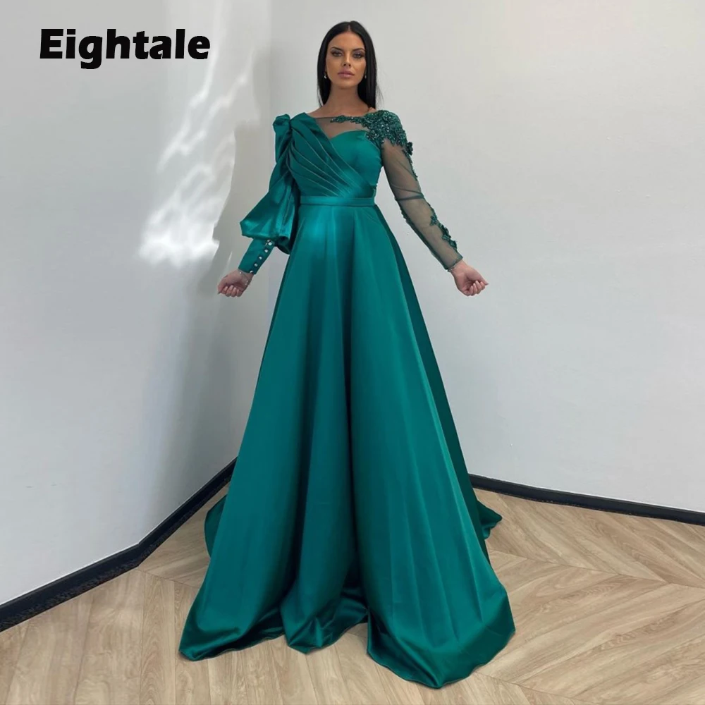 Eightale Green Evening Dress for Wedding Party Long Sleeves O-Neck Satin Appliques Beaded Dubai Customized Formal Prom Gowns