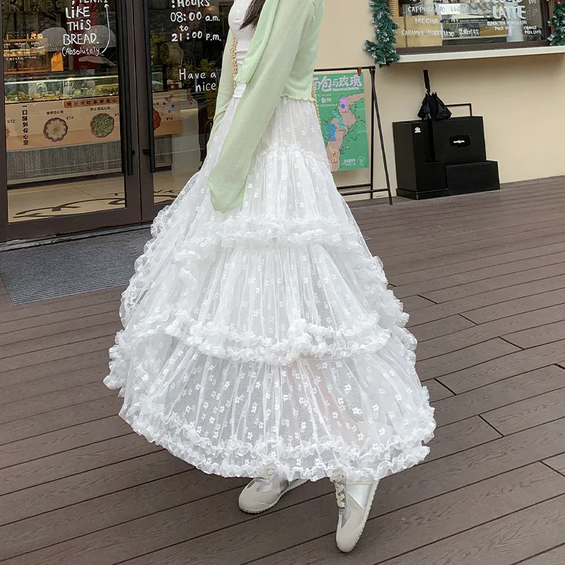 

White Mesh Midi Skirt For Women A Line High Waist Flared Layered Tulle Skirt