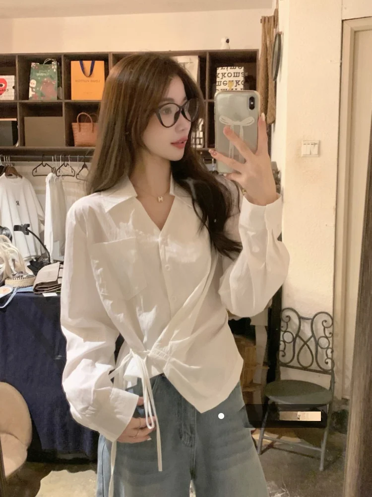 

White Asymmetrical Waist Tie ort irt Women Winter Miu Design Sense V Ne Long Sve irt French Sle Girls Faion