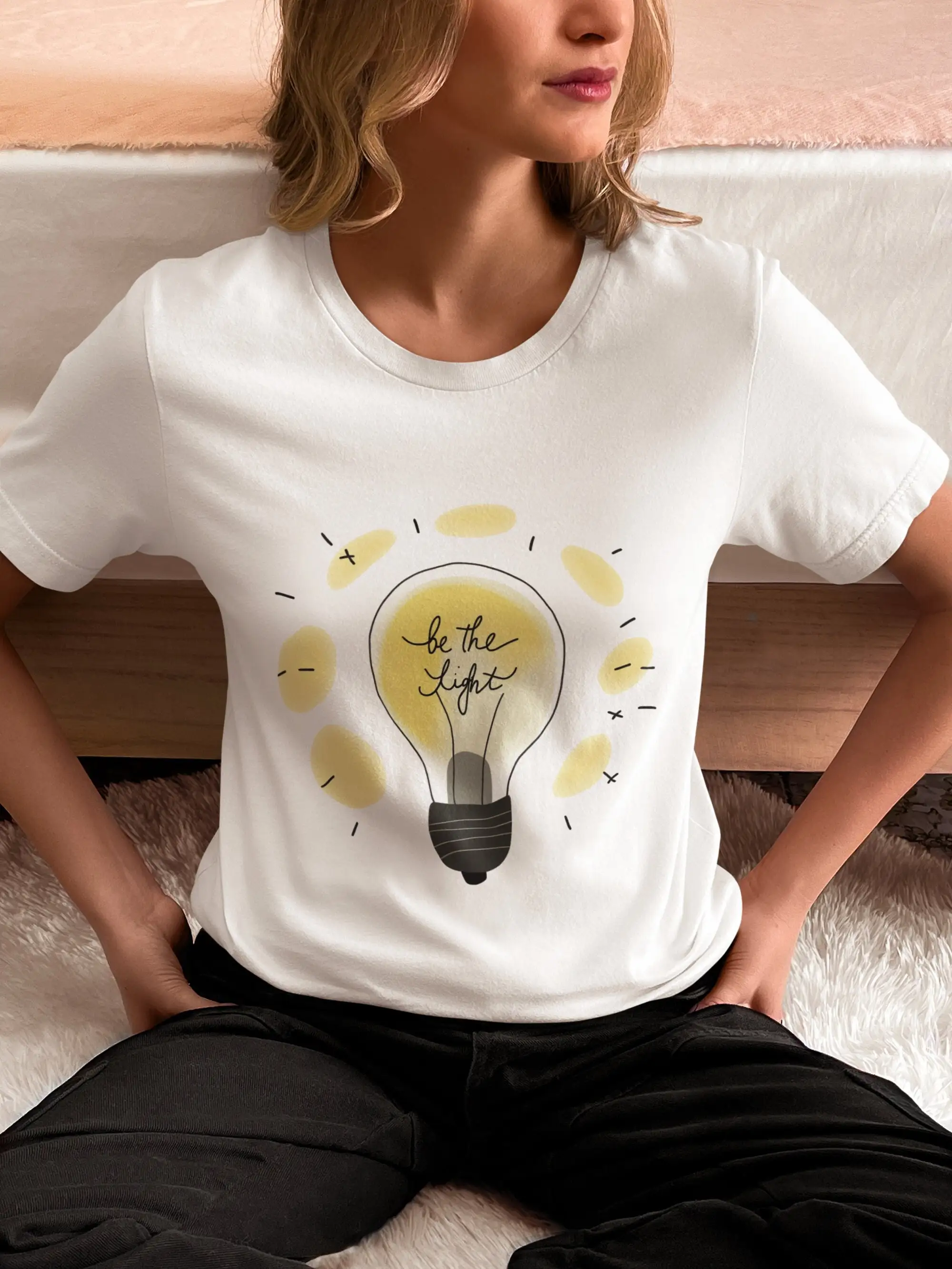 Be the Light Bulb Inspirational T Shirt Soft Cotton Top with Positive Message Perfect for Everyday Wear s Her Him