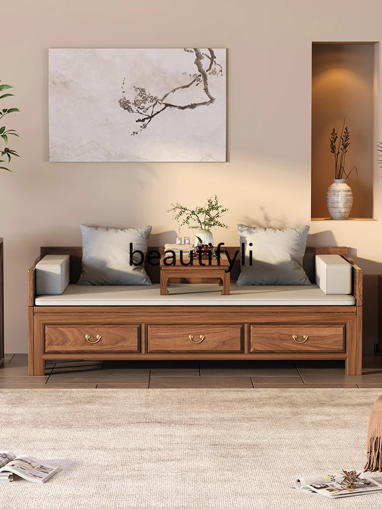 

New Chinese-style solid wood sofa bed dual-purpose 3-meter push-pull bed North American black walnut old elm