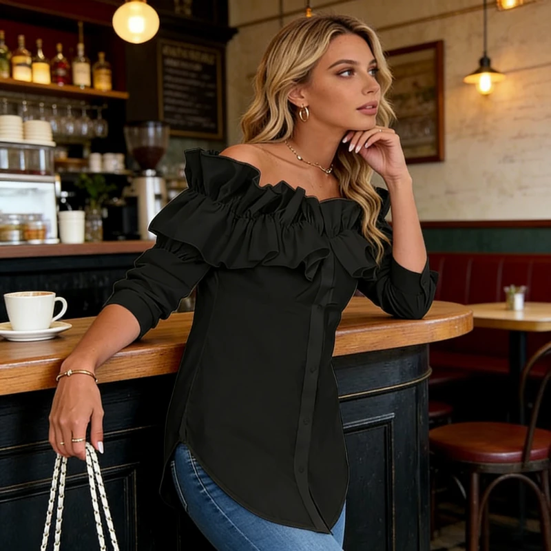 Neue Off Schulter Rüschen Langarm-shirt Frühling frauen Casual Unregelmäßige Bluse Einfarbig Slim Fit Mode Büro Dame Top