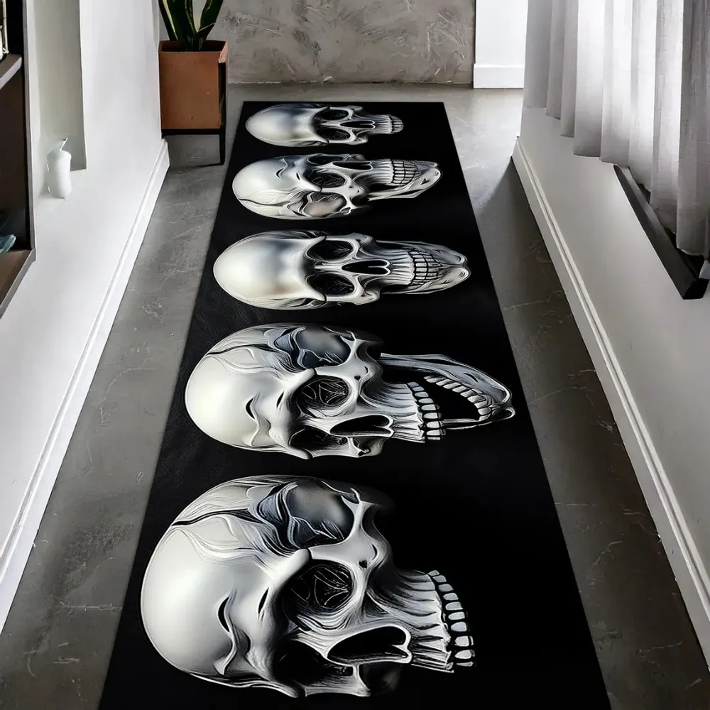 Tapis de couloir de crâne gothique, tapis de couloir long sur le thème d'horreur foncé, tapis de sol de crâne de squelette esthétique noir pour chambre ou studio