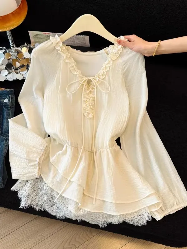 

Нежный стиль: Женская шифоновая блузка с кружевной отделкой и поясом на талии от фабрики №13 Гуанчжоу, с эффектом утяжки и кружевными вставками